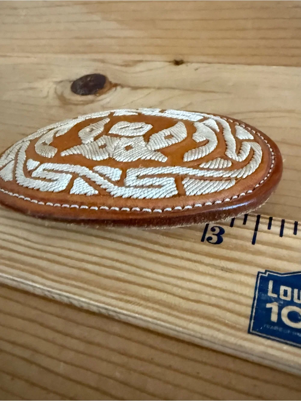 Vintage Handcrafted Belt Buckle Leather & Embroidered Bull Mexico South Western